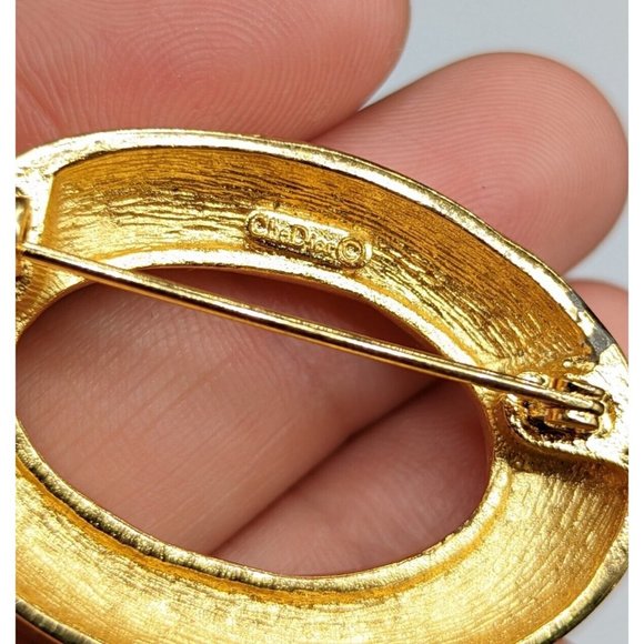 Christian Dior Signed Gold Tone Clear Rhinestone Open Oval Vintage Pin Brooch - Picture 5 of 9